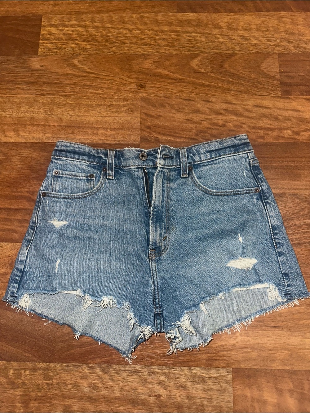 Abercrombie & Fitch Distressed Light Blue Denim Mom High Rise Shorts